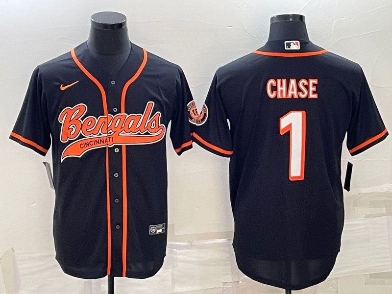 Men's Cincinnati Bengals #1 Ja'Marr Chase Black With Patch Cool Base Stitched Baseball Jersey